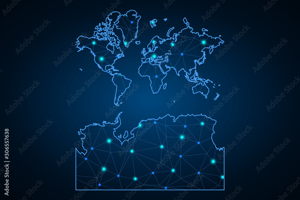 Abstract mesh line and point scales on dark background with Map of World With Antarctica. Wire frame 3D mesh polygonal network line, design sphere, dot and structure. communications map of . Vector. - Abstract mesh line and point scales on dark background with Map of World With Antarctica. Wire frame 3D mesh polygonal network line, design sphere, dot and structure. communications map of . Vector. -