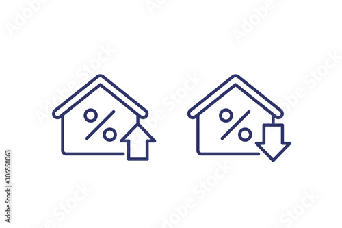 mortgage rate growing and reducing icons, line vector