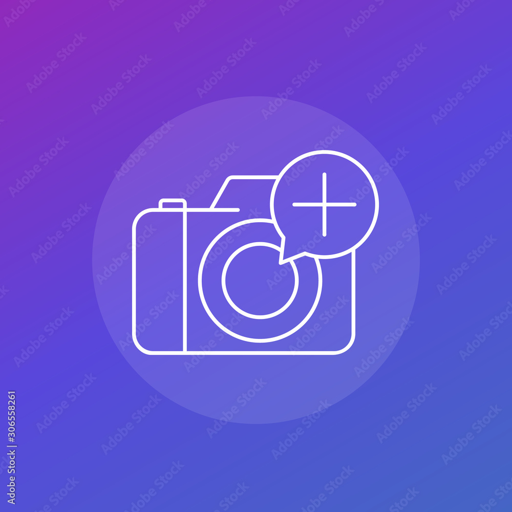 Add photo icon with camera, linear vector Add photo icon with camera, linear vector