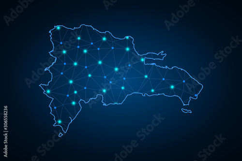 Communications map of dominican. Abstract mash line and point scales on dark background with Map of dominican Republic. Wire frame 3D mesh polygonal network line, design sphere, dot and structure. -
