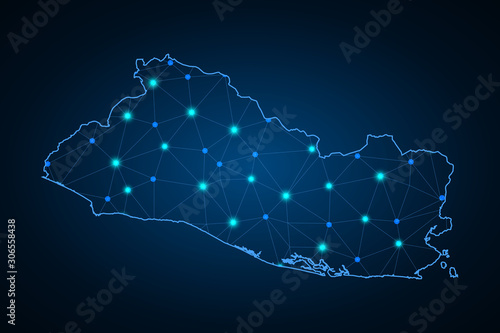 Abstract mash line and point scales on dark background with Map of El Salvador. dot and structure. communications map of El Salvador. Vector. - Vector