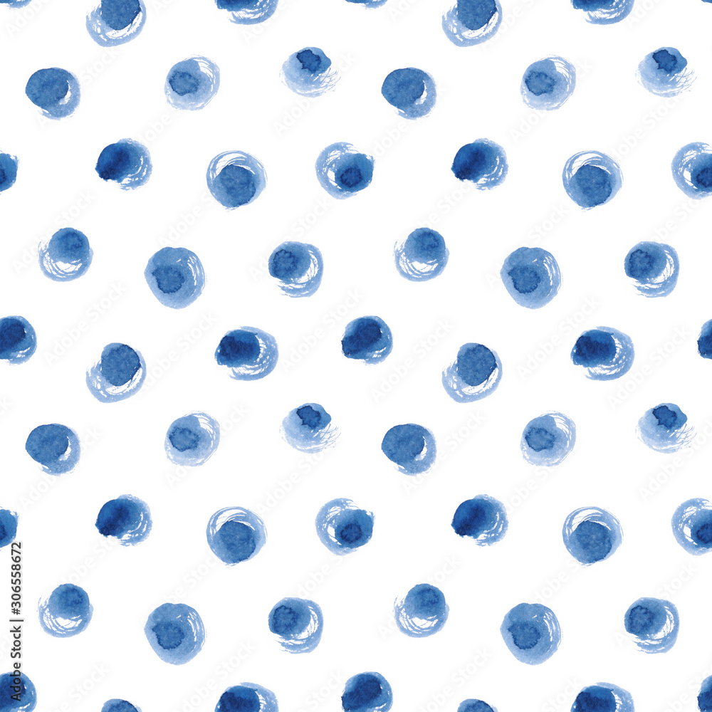 Hand-drawn watercolor seamless polka dot pattern in shades of indigo blue. Hand-drawn watercolor seamless polka dot pattern in shades of indigo blue.