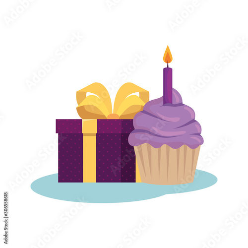 Gift with cupcake design, happy birthday celebration decoration party festive and surprise theme Vector illustration
