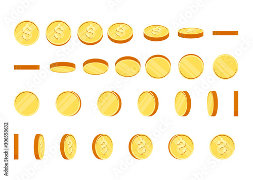 Coins set of vector sprites for rotation in different projections. Isolated gold coin set. For mobile, desktop and web applications and games. Digital currency