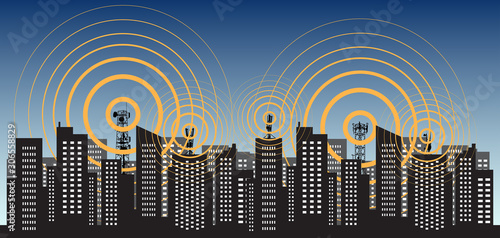 Radio tower 5G irradiate the city. Tower transmitter GSM. Vector illustration
