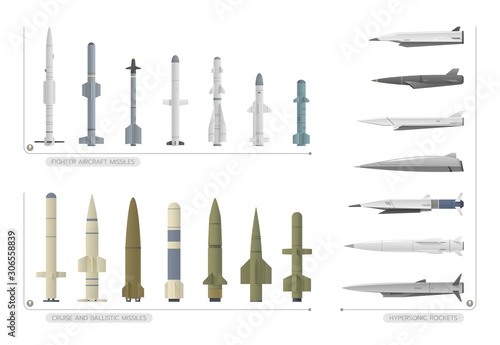 Fotografie, Obraz The vector illustration of the set of different types of missiles is on a white background