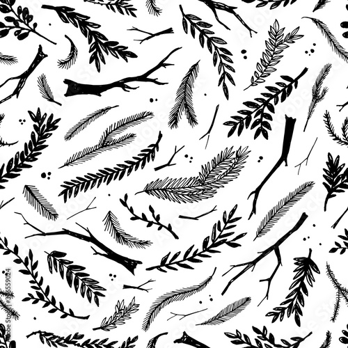 Hand-drawn seamless pattern. Doodle tree branches.