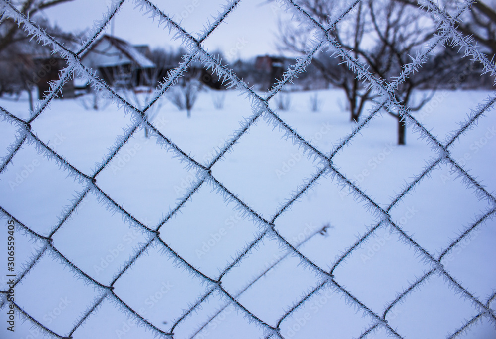 Wire fence covered by snow and ice crystals Wire fence covered by snow and ice crystals