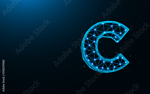 Letter C low poly design, alphabet abstract geometric image, font wireframe mesh polygonal vector illustration made from points and lines on dark blue background