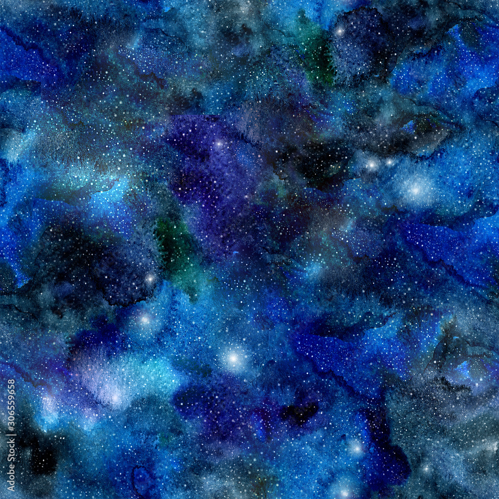 Seamless galaxy pattern. Hand-painted watercolor background. Watercolor wash. Abstract space painting.