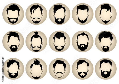Set of round icons of different men's hairstyles with beards and mustache. Collection of hipster silhouettes. Vector illustration.