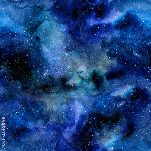 Fototapeta Naklejka Na Ścianę i Meble -  Seamless galaxy pattern. Hand-painted watercolor background. Watercolor wash. Abstract space painting.