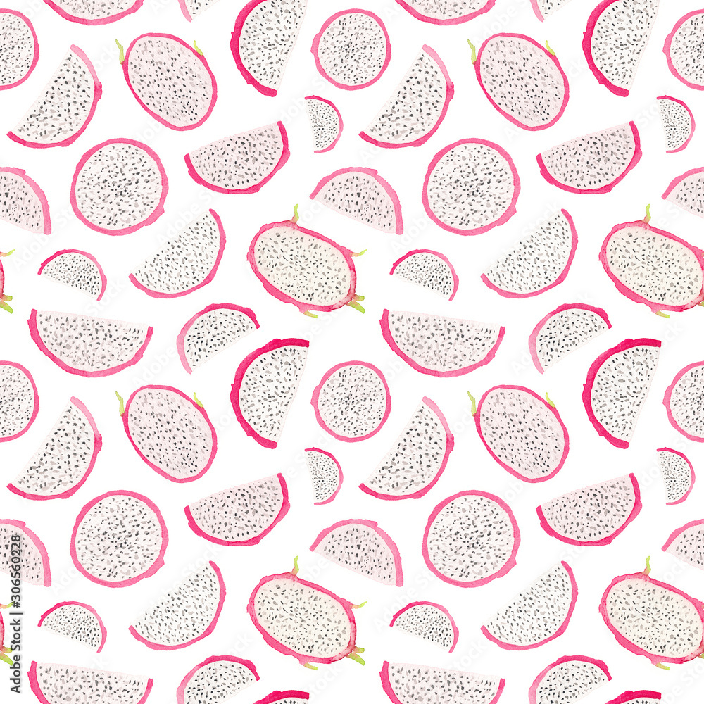 Seamless pattern with hand-drawn watercolor dragon fruits. Abstract watercolor painting. Seamless pattern with hand-drawn watercolor dragon fruits. Abstract watercolor painting.