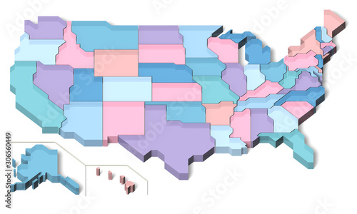 USA map 3D, colorful, translucent