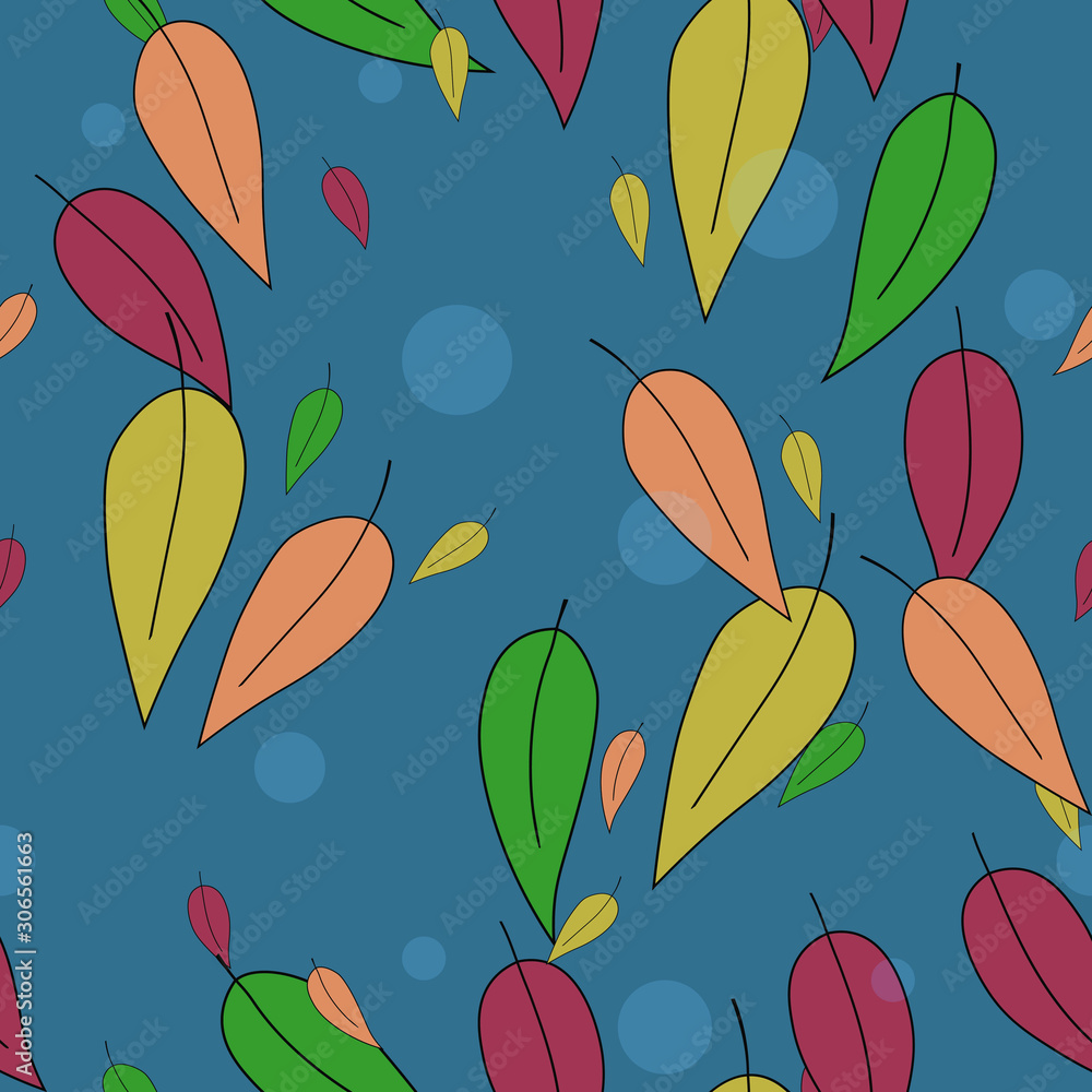Autumn seamless pattern with colorful leaves on blue background. Vector illustration for fabric, textile wallpaper, posters, gift wrapping paper. Floral vector illustration. Doodle style. 