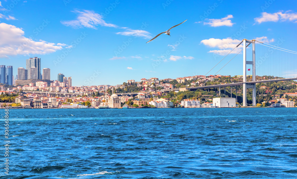 Bosphorus Bridge and Istanbul skyscrappers, beautiful view