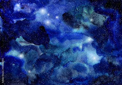 Fototapeta Naklejka Na Ścianę i Meble -  Hand-painted watercolor galaxy background.