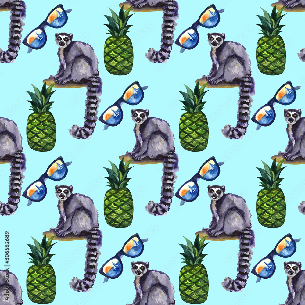 Naklejka premium Watercolor tropical wildlife seamless pattern. Hand Drawn jungle nature, lemur, hibiscus flowers illustration. Print for textile, cloth, wallpaper, scrapbooking