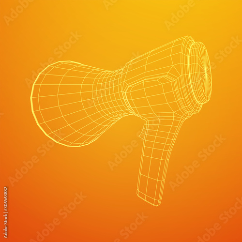 Megaphone or bullhorn for amplifying voice for protests rallies or public speaking. Wireframe low poly mesh vector illustration
