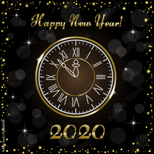 Creative greeting card Happy New Year 2020 and Merry Christmas on a black background. Luxury gold watches, numbers and text with shimmering tinsel. Used as a flyer, poster, invitation, postcard.