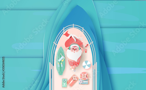 Santa Claus is swimsuit on general cargo ship the deck with a bunch of gift boxes and Swimming equipment. Sea ocean waves surface layer.Creative paper cut and craft style.Delivery service Vector EPS10