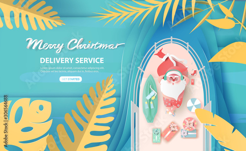 Santa Claus is swimsuit on general cargo ship of gift boxes and Swimming equipment. Sea ocean waves surface layer around.Creative paper cut and craft.Delivery service tropical jungle Vector EPS10
