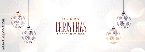 white christmas banner with hanging balls design