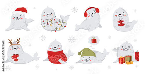 Creative collection of cute seals for Christmas and New Year