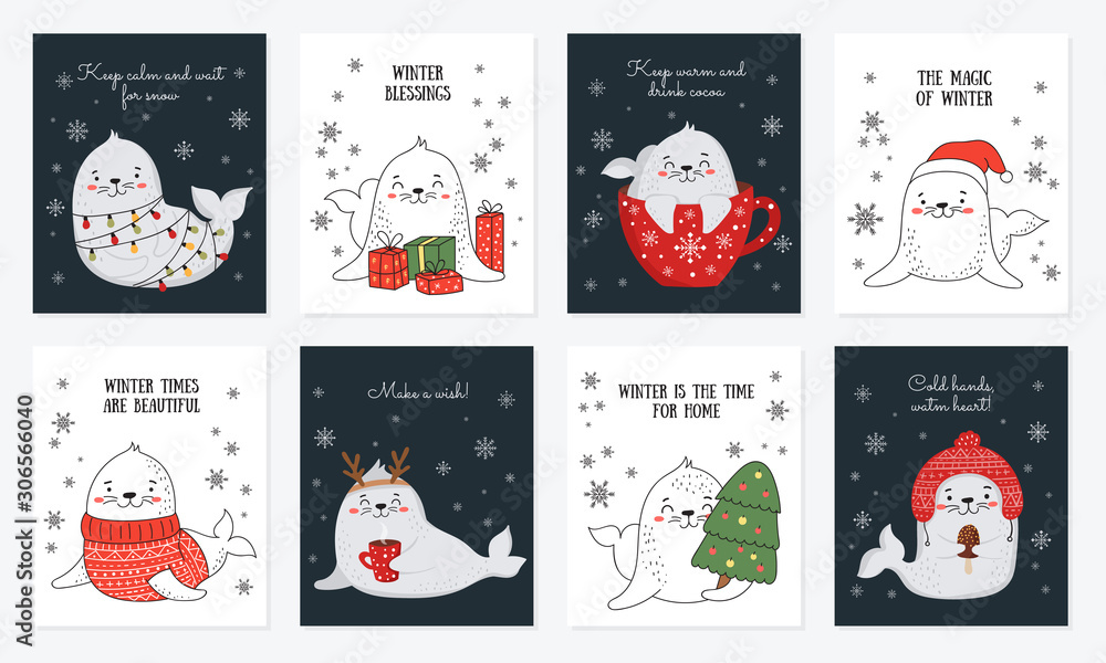 Fototapeta premium Creative postcard collection for Christmas and New Year with cute seals and winter slogan.