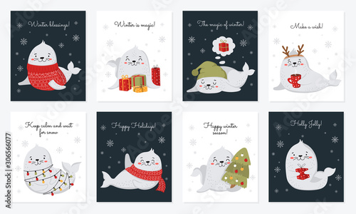 Creative postcard collection for Christmas and New Year with cute seals and winter slogan.