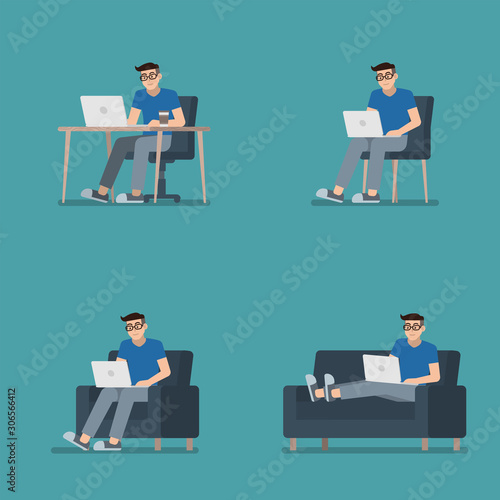 Set of man in casual clothes working on laptop computer sitting at desk, on chair, armchair and lying on sofa in flat cartoon style
