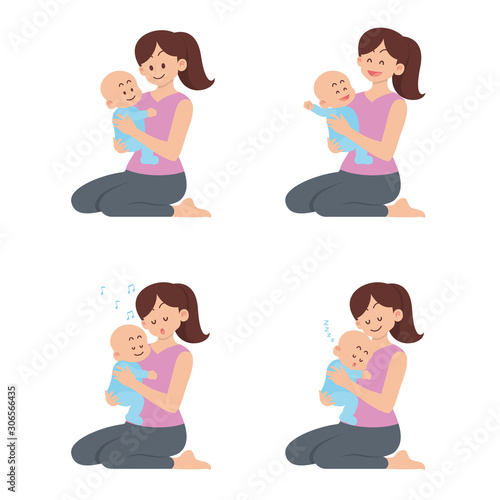 Set of young mother sitting and holding happy baby with different actions, smiling, laughing, lullabying and sleeping in flat cartoon style