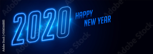 happy new year 2020 blue neon style banner design