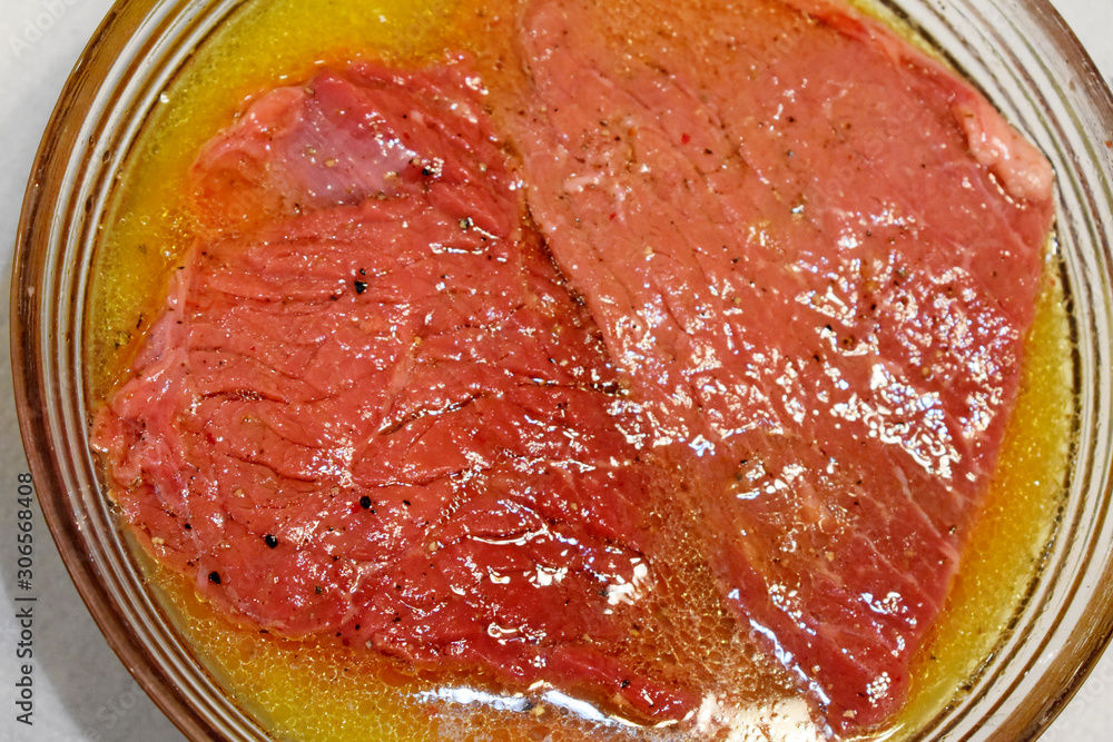 raw beef steak soaked in sauce, fragment raw beef steak soaked in sauce, fragment