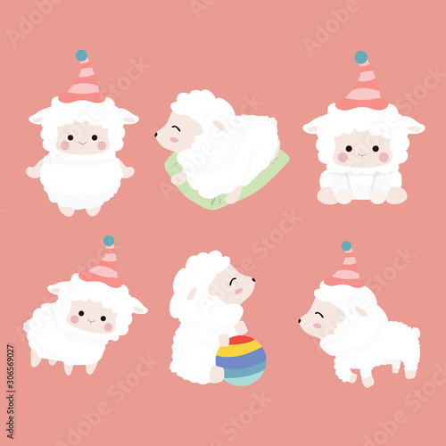 Cute cartoon sheep set on pastel background..