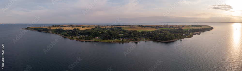 Aerial view of the island Ven in southern Sweden during a summer sunset. 