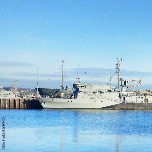 Moored military ships on a pier in Kiel photo