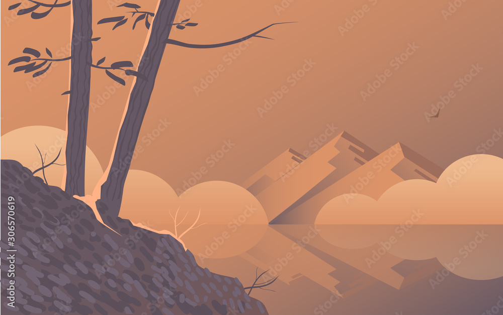 Beautiful morning landscape by the lake. Shore with coniferous trees. In the distance, mountains in the fog, lit by sunlight. Vector illustration for background. Beautiful morning landscape by the lake. Shore with coniferous trees. In the distance, mountains in the fog, lit by sunlight. Vector illustration for background.