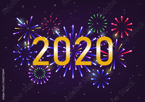 Happy New Year illustration with fireworks in dark violet background. Vector holiday design for premium greeting card or party invitation.