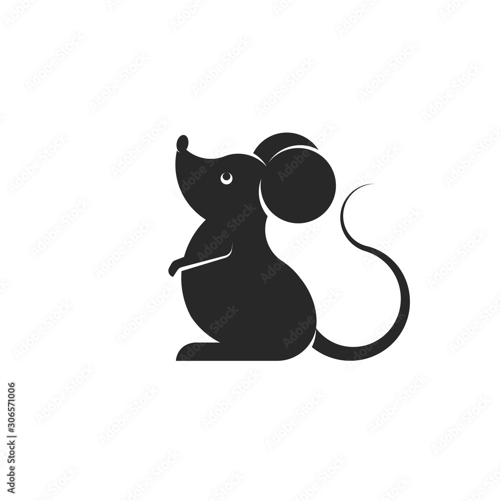 Cartoon black rat or mouse silhouette isolated on white background
