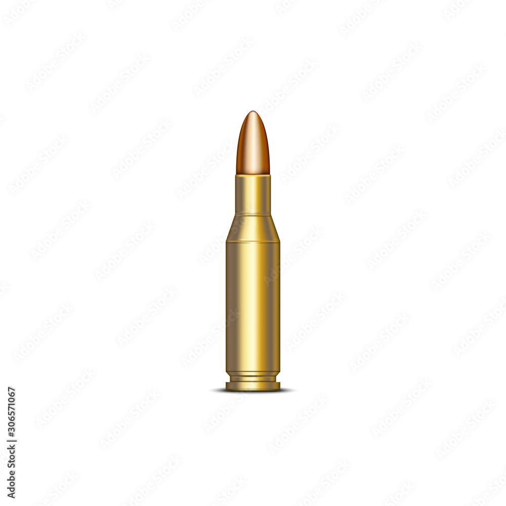 Realistic rifle cartridge 7.62 mm 3d vector military isolated object on the white background, weapons ammunition Realistic rifle cartridge 7.62 mm 3d vector military isolated object on the white background, weapons ammunition