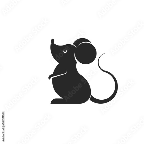 Cartoon black rat or mouse silhouette isolated on white background