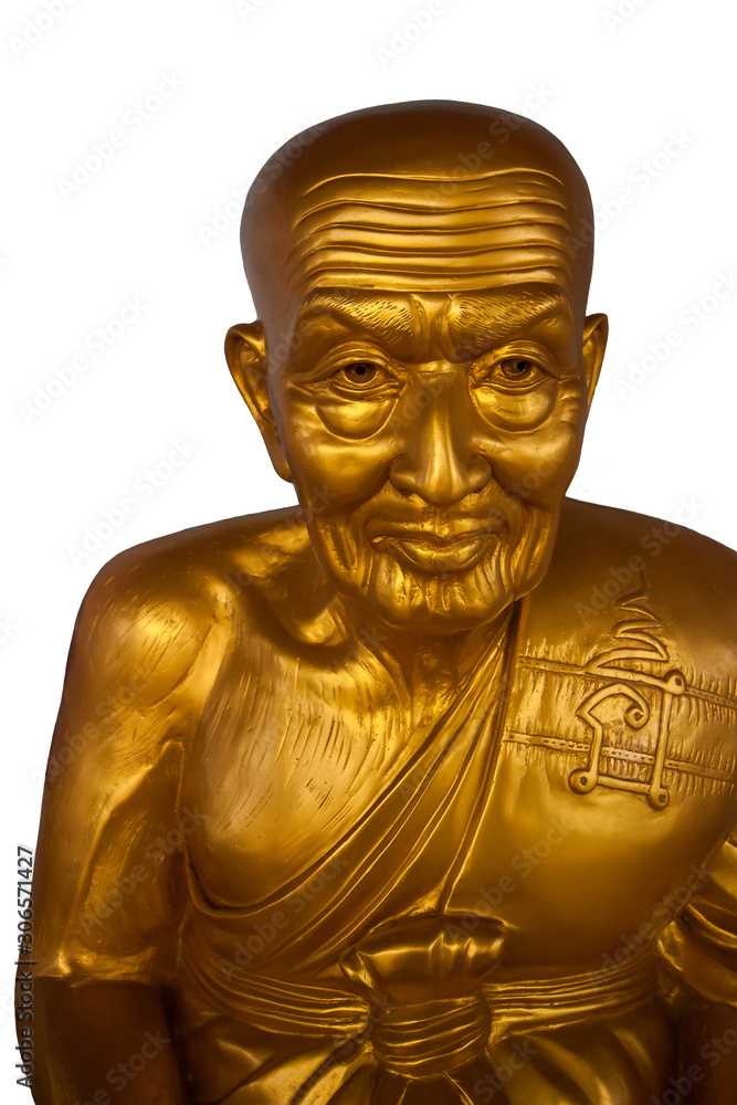 Golden Buddhist old monk isolated on white background. Traditional Thai sculpture. Wrinkled face. Vertical.