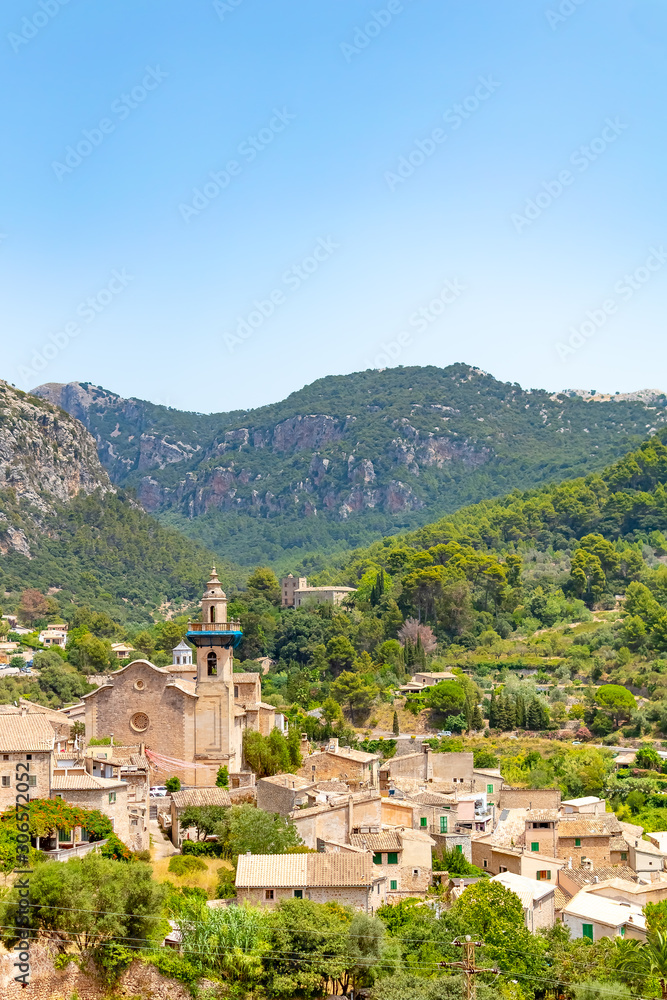 Amazing cityscape of Valldemossa Chopin village taken on a sunny summer day, Mallorca, Spain
