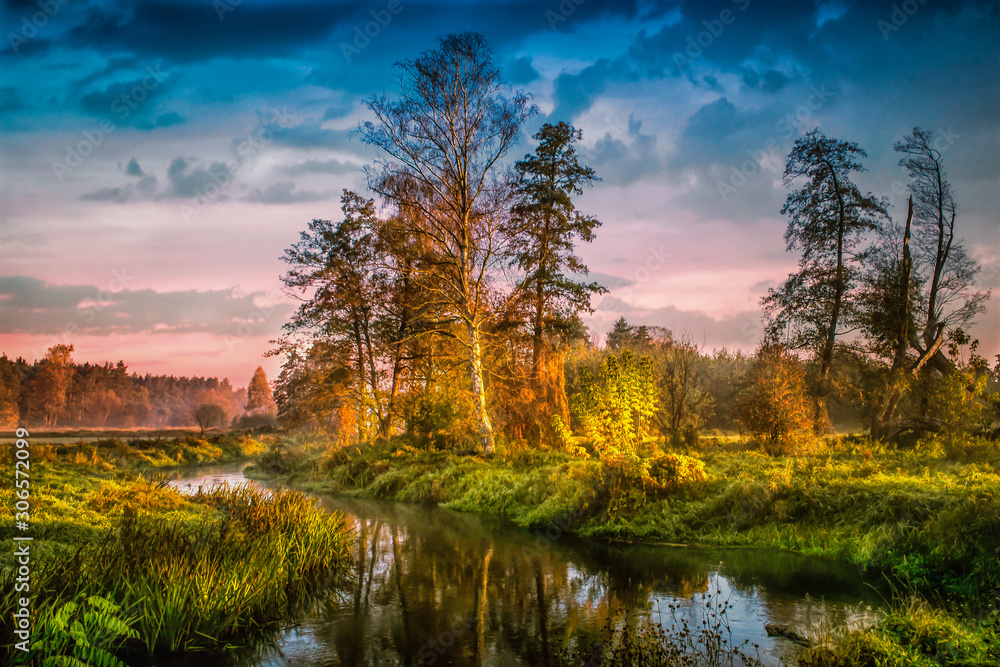 Obraz premium Small river in central Poland, illuminated by the sun.