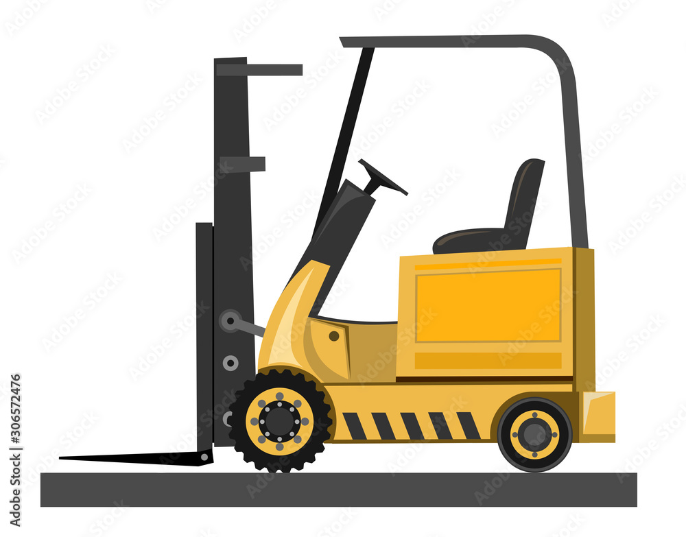 Forklift. Vector. Loading boxes, bricks, stones, barrels, cardboard packaging, bags, cement. Pallets for freight. Loader. Wooden pallets. Loading and unloading at the warehouse. Loader for logistics.