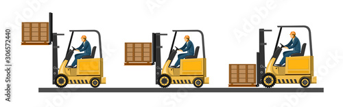 Forklift. Vector. Loading boxes, bricks, stones, barrels, cardboard packaging, bags, cement. Pallets for freight. Loader. Wooden pallets. Loading and unloading at the warehouse. Loader for logistics.