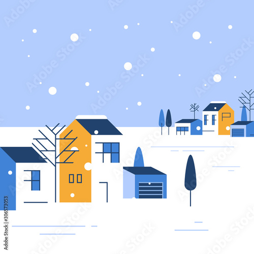 Winter season in small town, tiny village view, snowy sky, group of residential houses, beautiful neighborhood