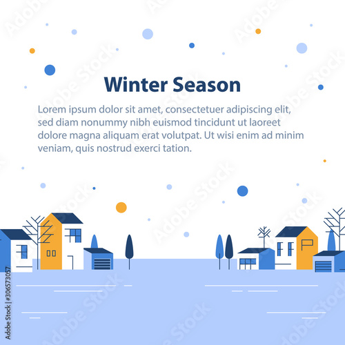 Winter season in small town, tiny village view, snowy sky, row of residential houses, beautiful neighborhood