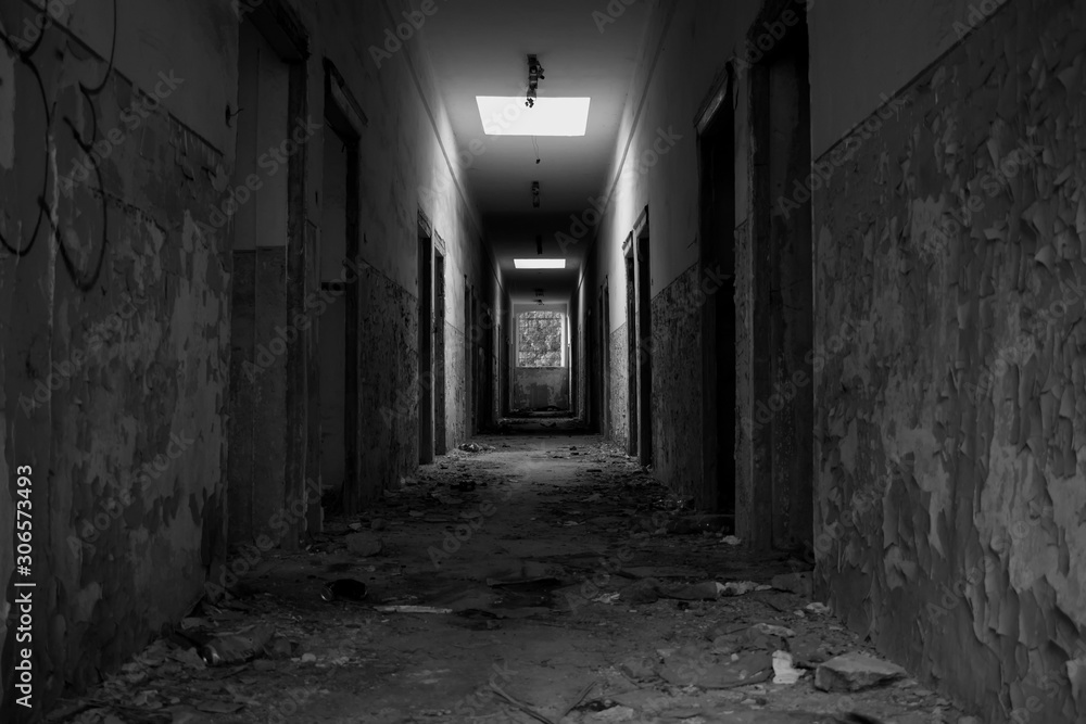 Interior of an abandoned building in black and white